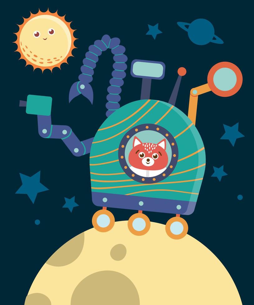 Vektor lustiger Astronautenfuchs im Weltraum im Rover, der den Mond erforscht. süße galaxienszene mit planeten, sternen, kosmonauten. Kosmosillustration für Kinder