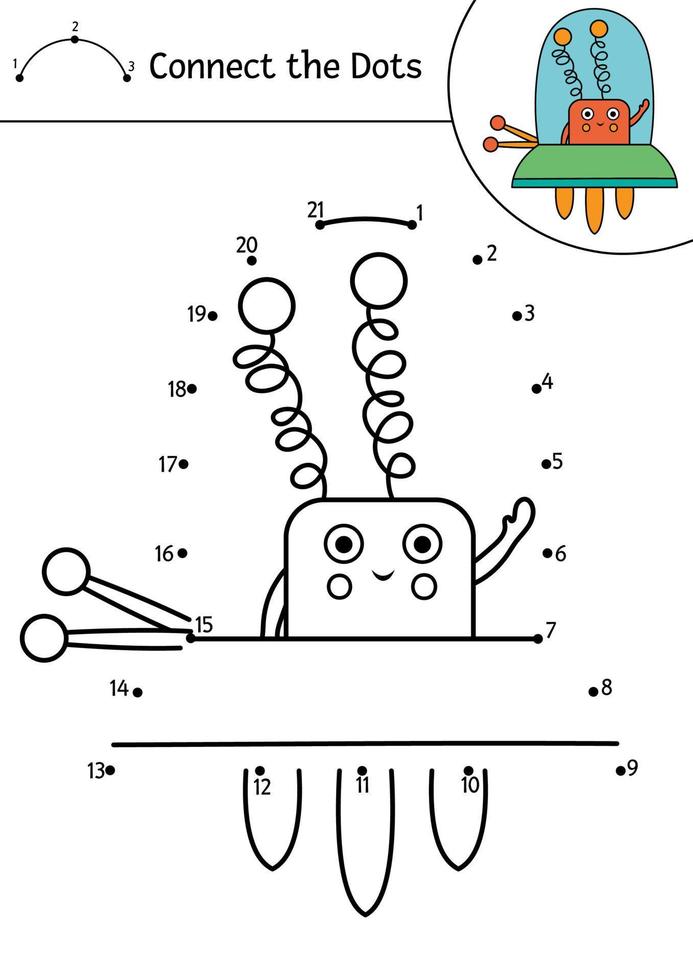 Vektorraum-Punkt-zu-Punkt- und Farbaktivität mit niedlichem Alien im Raumschiff. Astronomie verbinde das Punktespiel für Kinder. lustige mathe-malseite für kinder mit kawaii ufo vektor