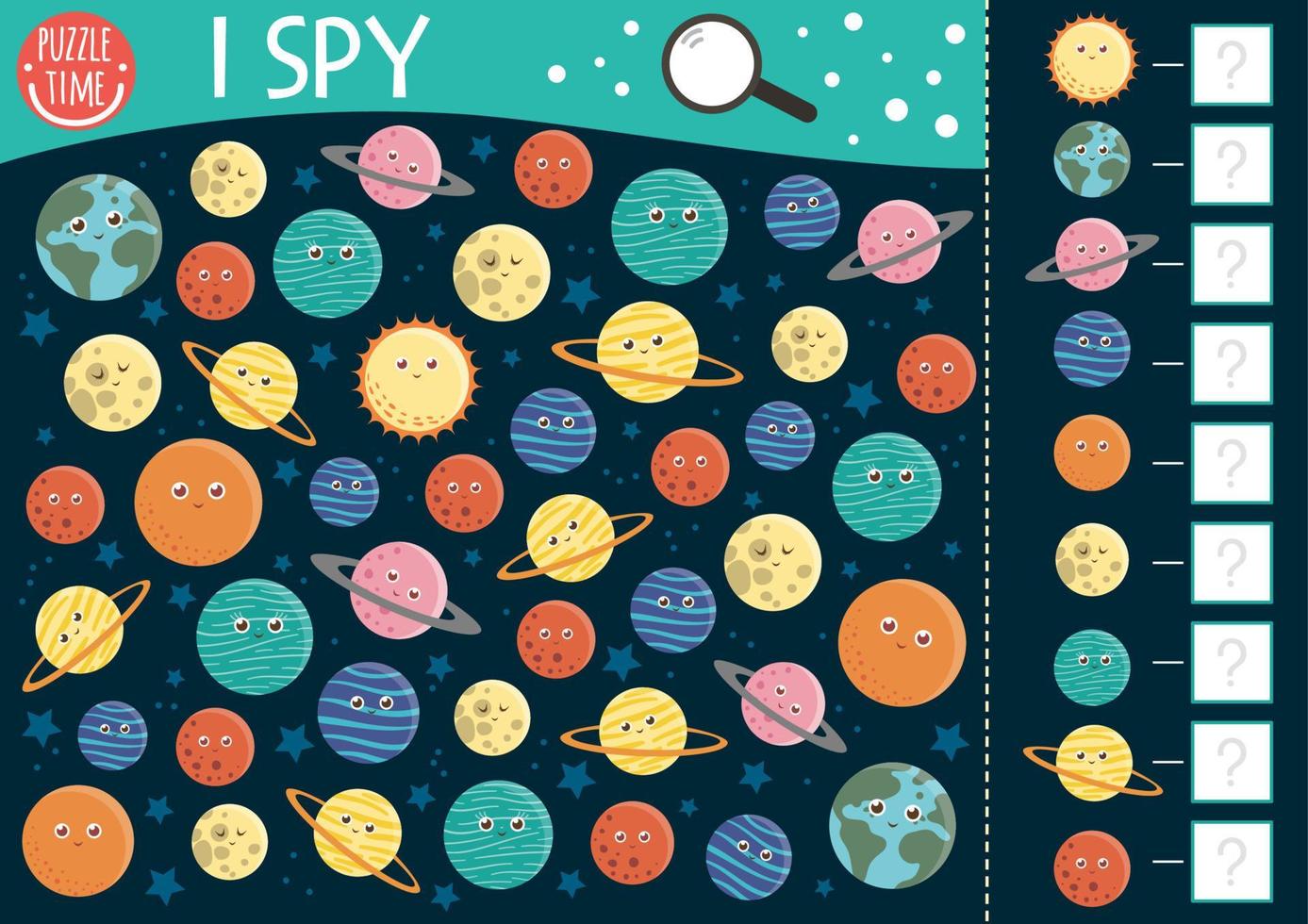 Space I Spion Spiel für Kinder. Suchen und Zählen von Astronomieaktivitäten für Vorschulkinder mit Planeten, Sternen. lustiges druckbares arbeitsblatt mit sonnensystem. einfaches Suchen und Finden von Rätseln vektor
