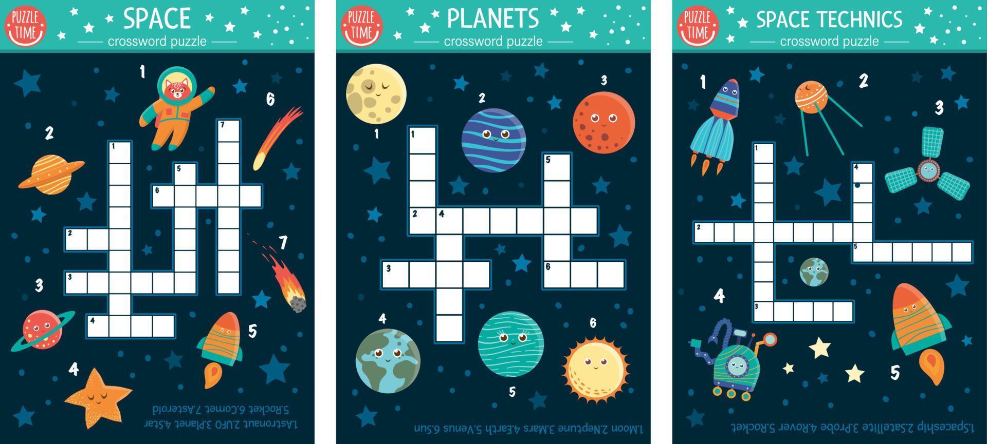 vektor Plats korsord uppsättning. ljus och färgrik frågesport för barn. pussel aktivitet med ufo, planeter, stjärna, astronaut, komet, raket, asteroid, Plats teknik. astronomi tryckbar kalkylblad