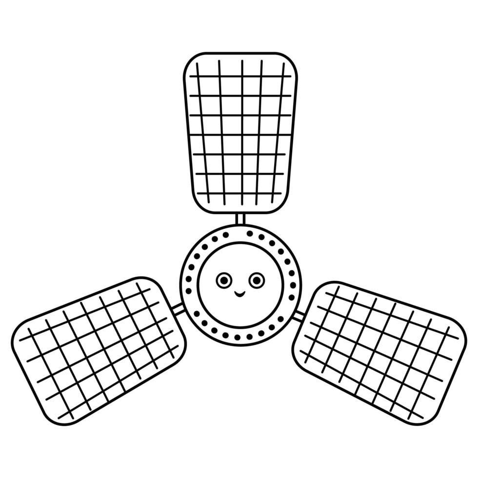 vektor svart och vit satellit illustration för barn. översikt leende teknik ikon isolerat på vit bakgrund. Plats utforskning färg sida för ungar.