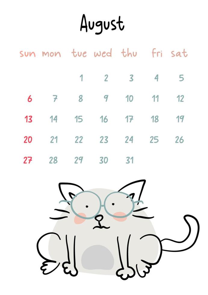 vertikal vektor kalender för augusti 2023 med tecknad serie grå katt. rolig hand dragen sällskapsdjur bär glasögon. vecka börjar på söndag. för storlek a4, a5, a3.