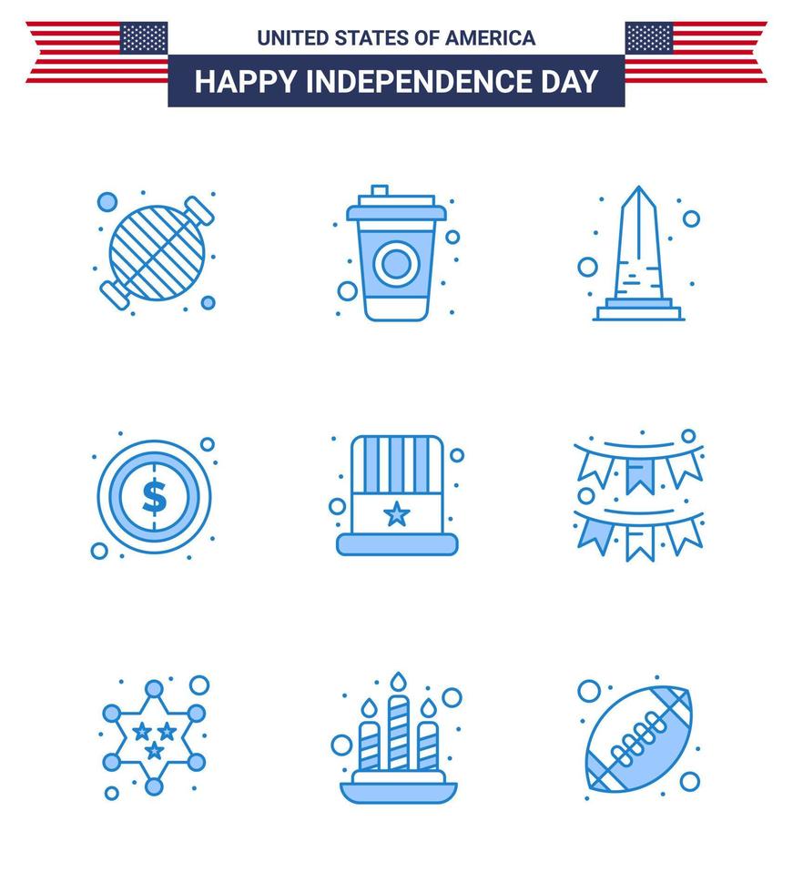 Stock Vektor Icon Pack von American Day 9 Zeilenzeichen und Symbolen für amerikanische Dollar Wahrzeichen Geld Washington editierbare Usa Day Vektor Design Elemente