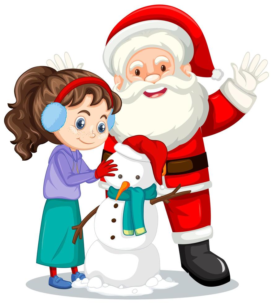 jultomten med flickan som skapar snögubbe på vit bakgrund vektor