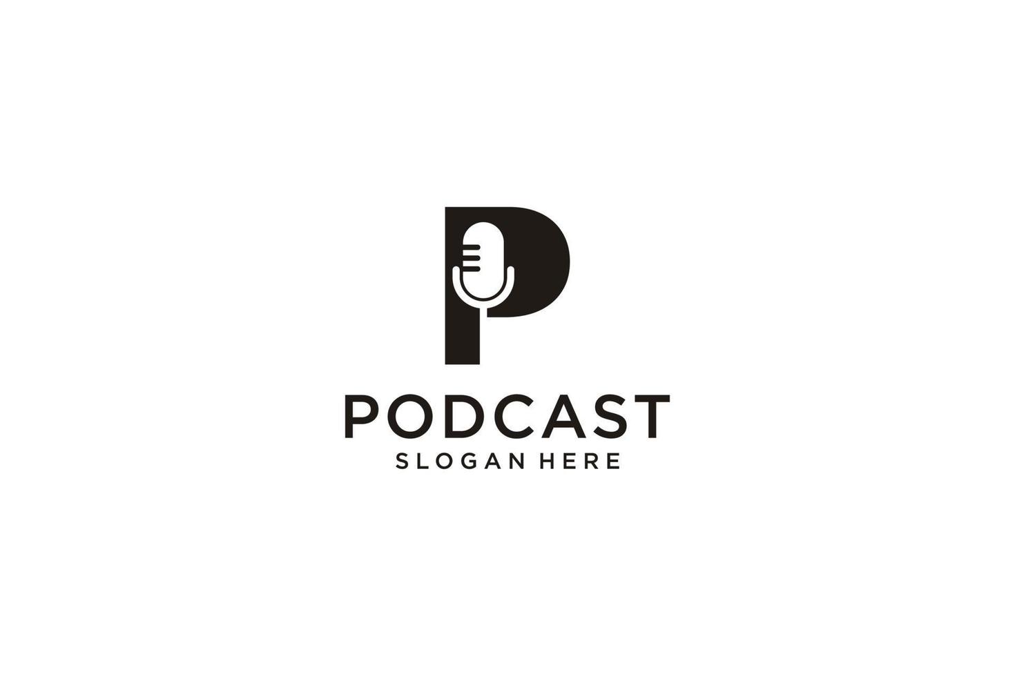 Anfangsbuchstabe p mit Mikrofon-Podcast-Logo-Designvorlage vektor