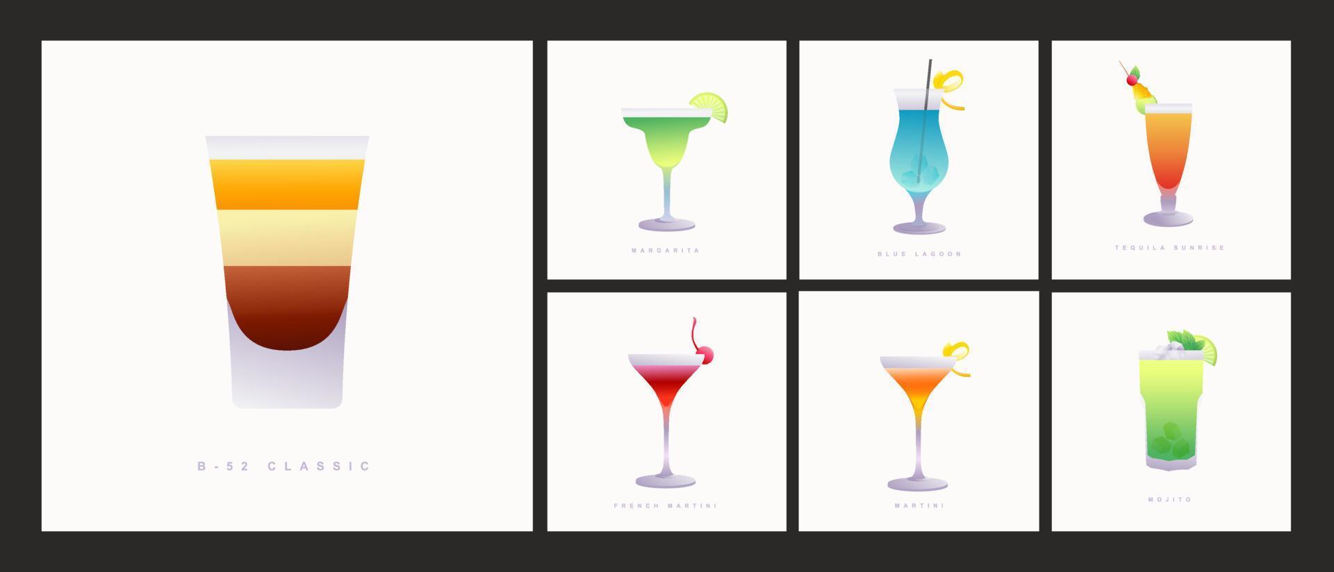 samling av populär cocktails för de meny. högtider klubb fest sommar cocktails blandad glasögon. vektor