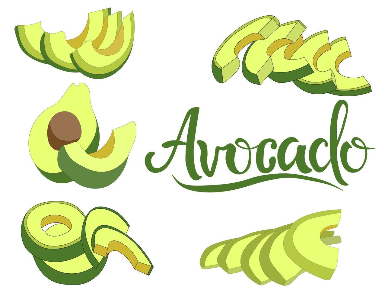 Reihe von frischen Avocado-Symbolen. Obst wird in Stücke geschnitten, Scheiben. immergrüne Pflanze. gesundes veganes essen. Kochen von gesundem, reifem geschältem Gemüse für die Küche. vektor