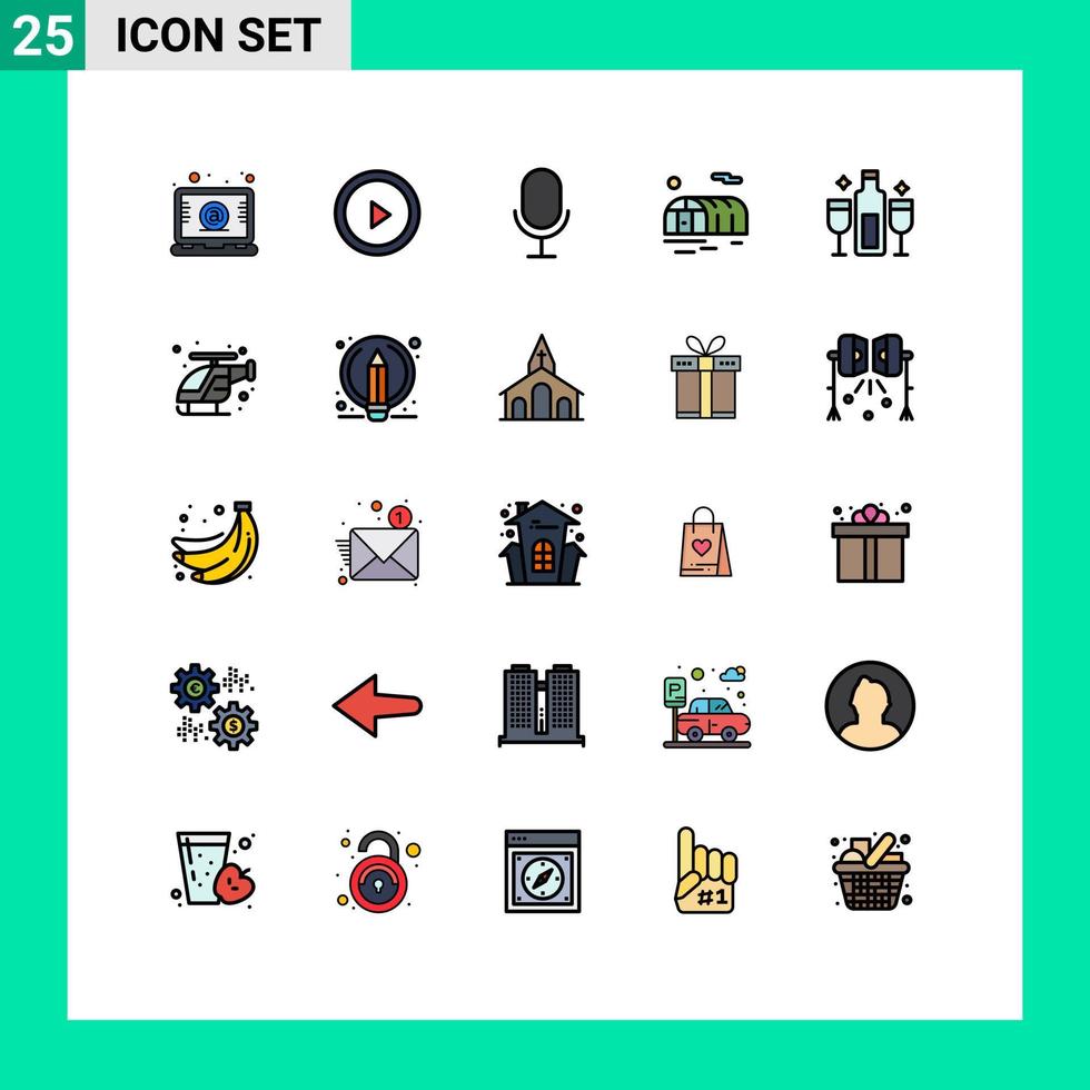satz von 25 vektorgefüllten linienflachfarben auf raster für getränkefeier mikrofon alkoholisches gewächshaus editierbare vektordesignelemente vektor