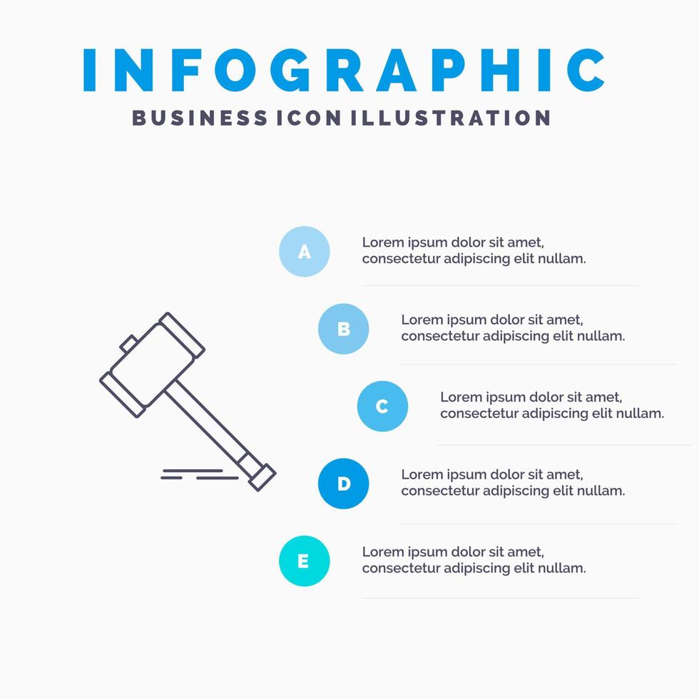 Aktion Auktion Gericht Hammer Hammer Gesetz Rechtslinie Symbol mit 5 Schritten Präsentation Infografiken Hintergrund vektor
