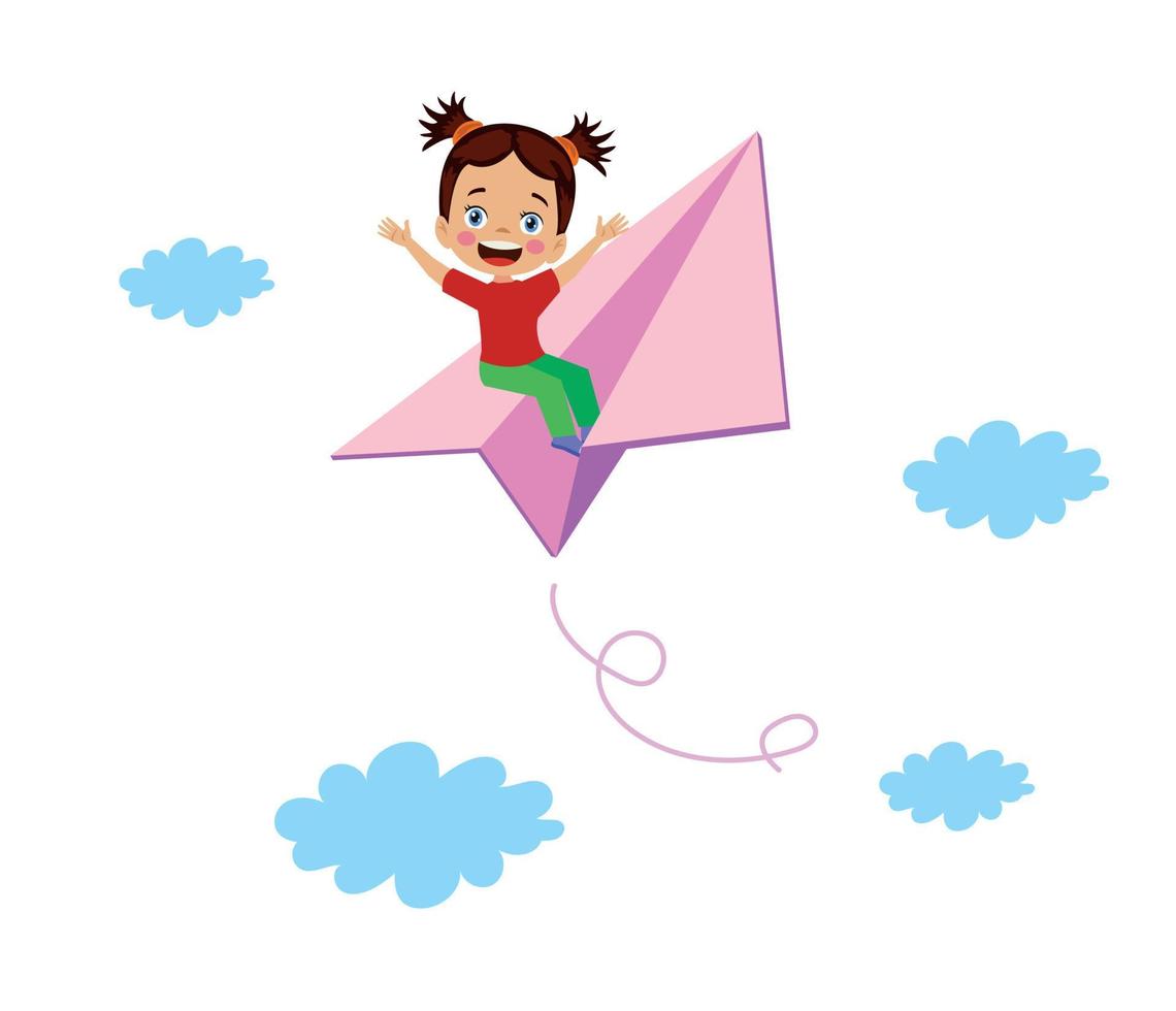 söt Lycklig flicka flygande i himmel med papper plan vektor