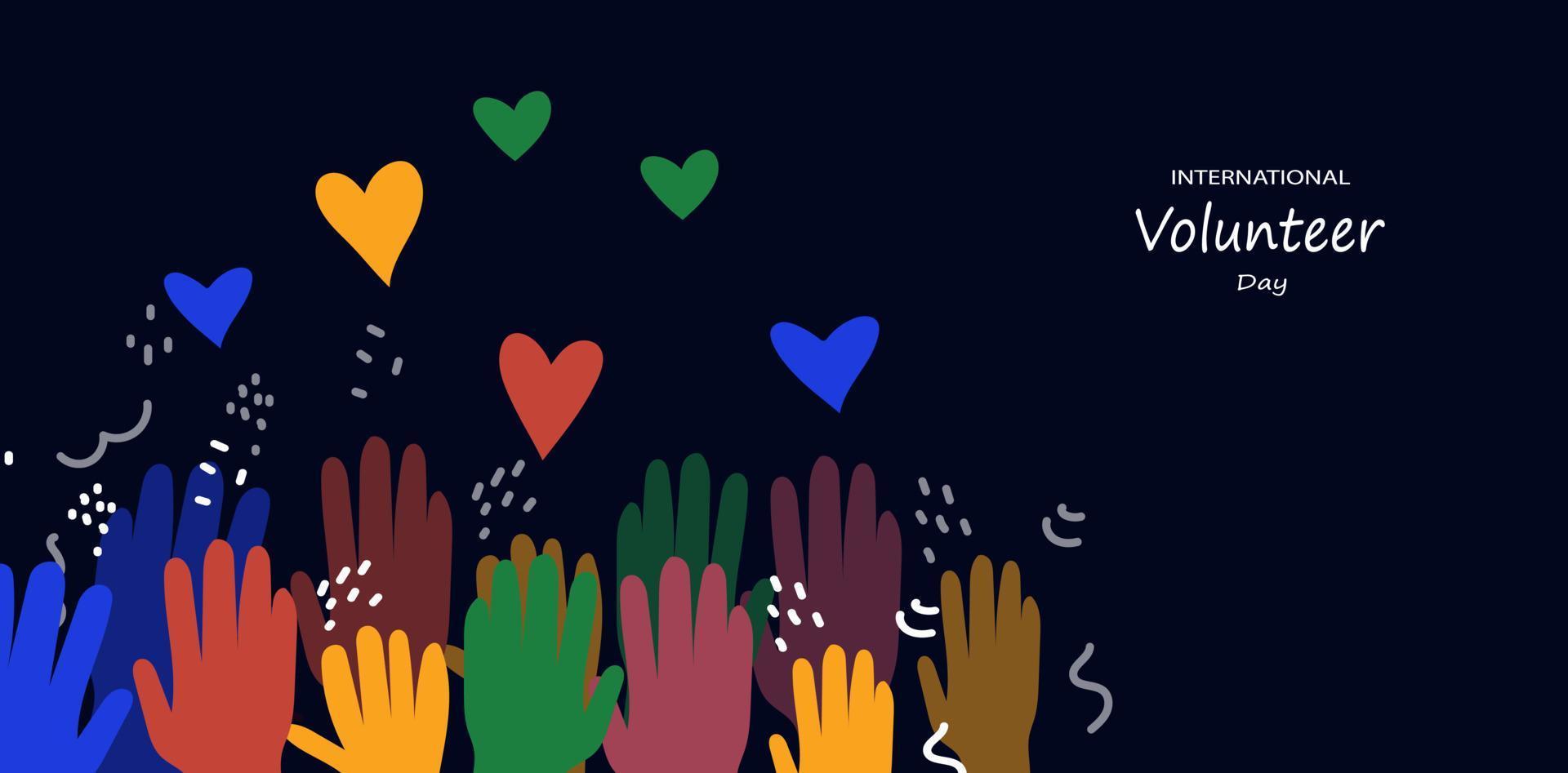 Bewusstsein für den internationalen Freiwilligentag. mehrfarbige palmen halten rote hearts.vector flache doodle illustration für banner, poster. vektor
