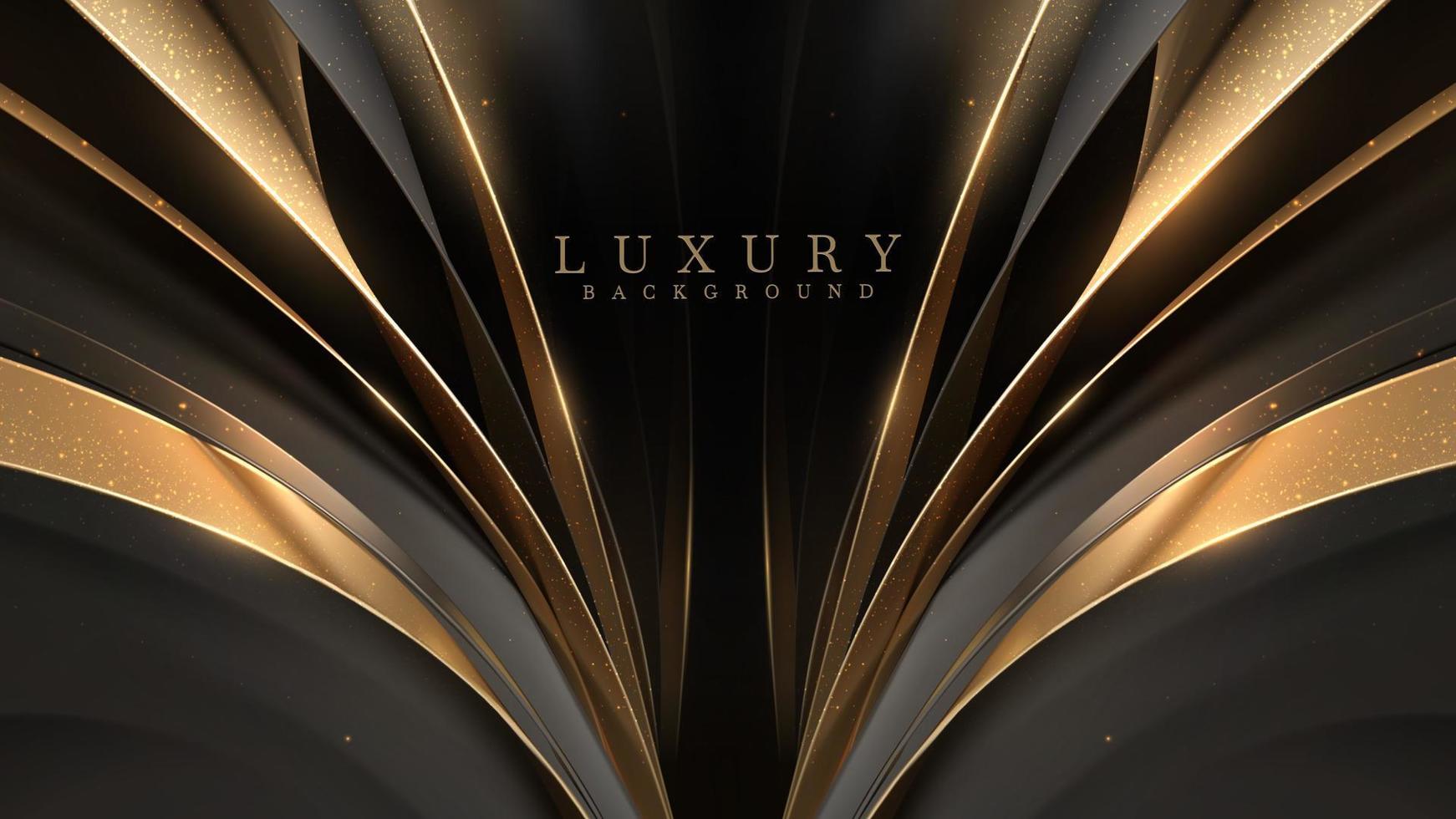 schwarzer luxushintergrund mit goldenen bandelementen und glitzernden lichteffektdekorationen und sternen. realistisches Design im 3D-Stil. Vektor-Illustration. vektor