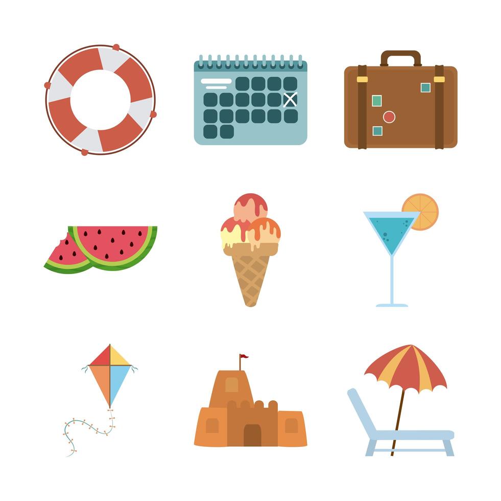 Sommerferien und Strand Wohnung Icon Set vektor