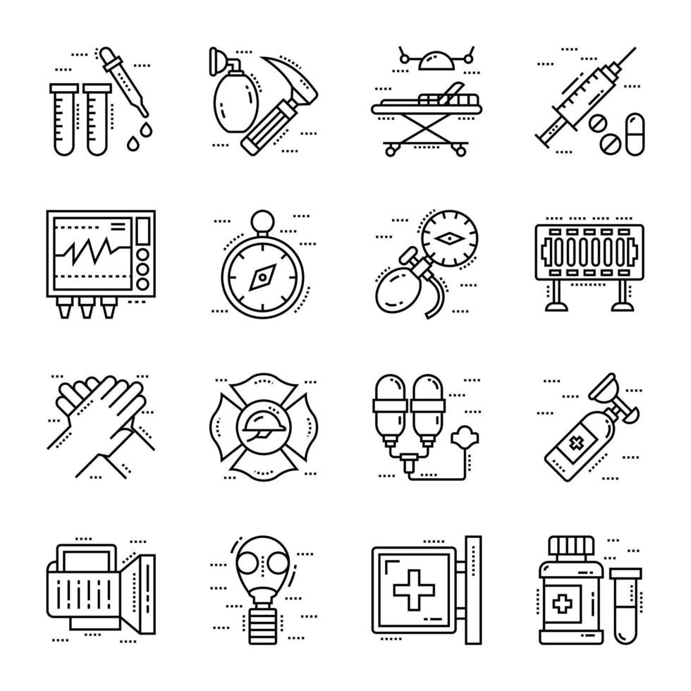 Liniensymbole für medizinische und Rettungswerkzeuge vektor