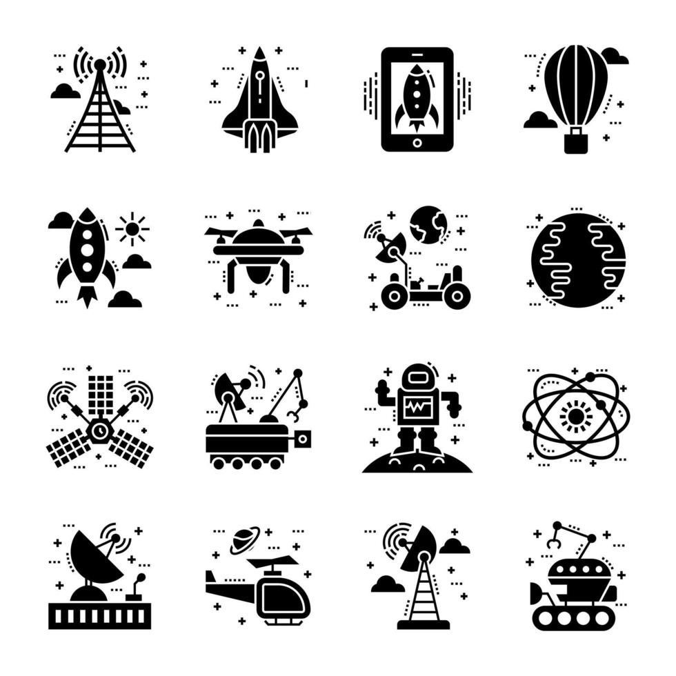 Reihe von Glyphen-Symbolen für die Raumfahrt vektor