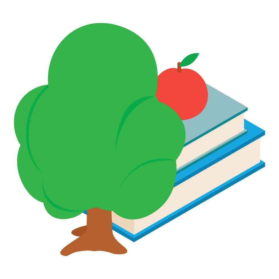 utbildning begrepp ikon isometrisk vektor. röd äpple på stack av bok grön träd vektor