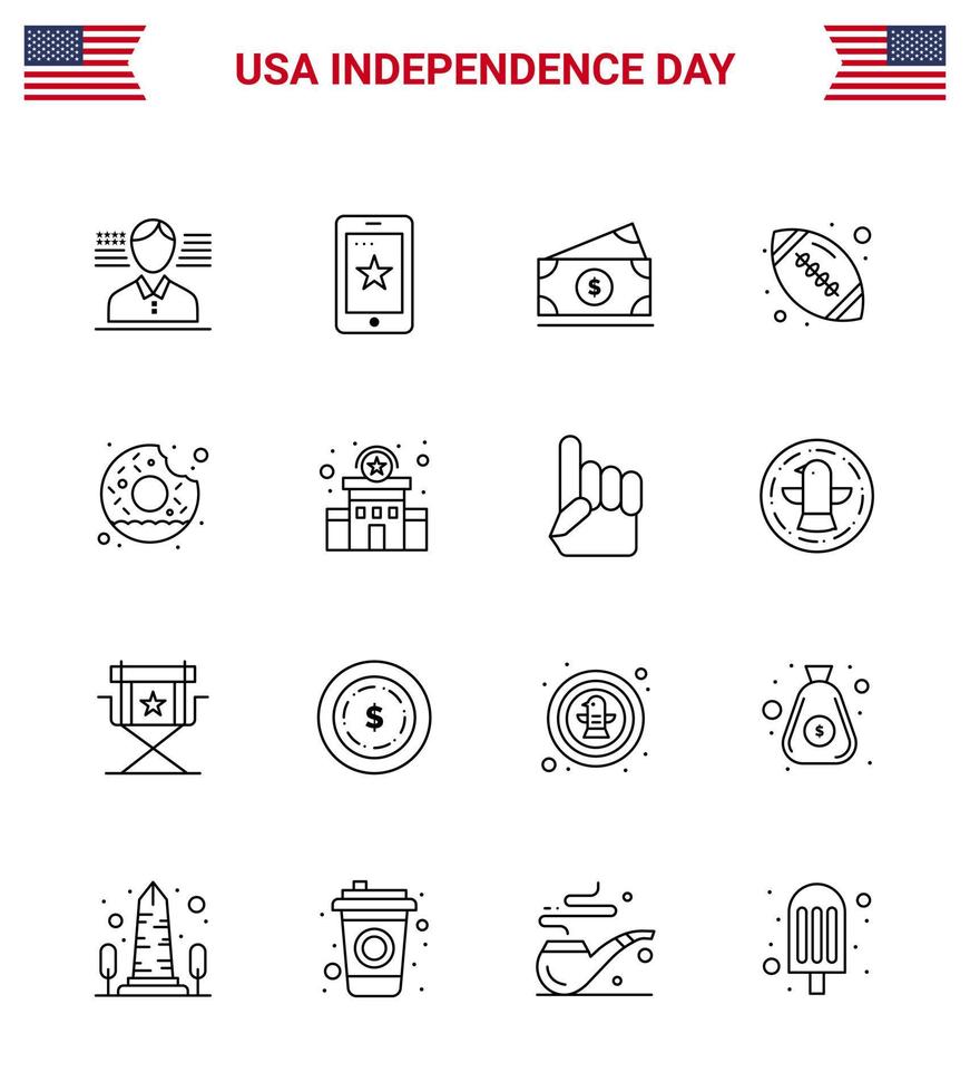 packa av 16 USA oberoende dag firande rader tecken och 4:e juli symboler sådan som smaskigt munk pengar amerikan boll rugby redigerbar USA dag vektor design element