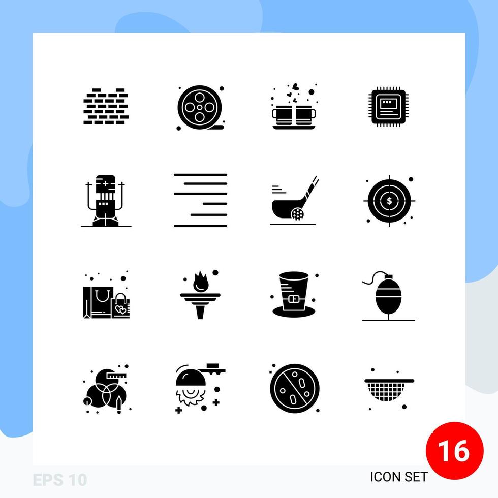 redigerbar vektor linje packa av 16 enkel fast glyfer av bot hårdvara hjärta dator cpu redigerbar vektor design element