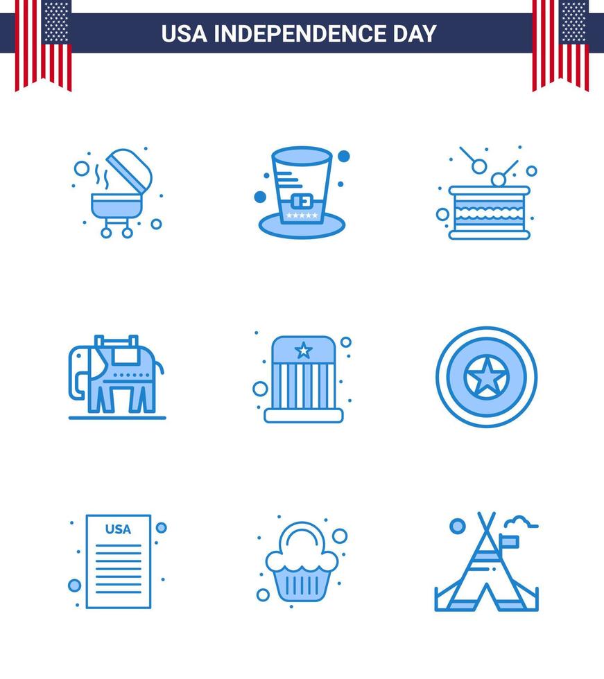 Blaue Packung mit 9 Usa-Unabhängigkeitstag-Symbolen von Kinderzirkustrommeln Usa-Elefanten editierbare Usa-Tag-Vektordesign-Elemente vektor
