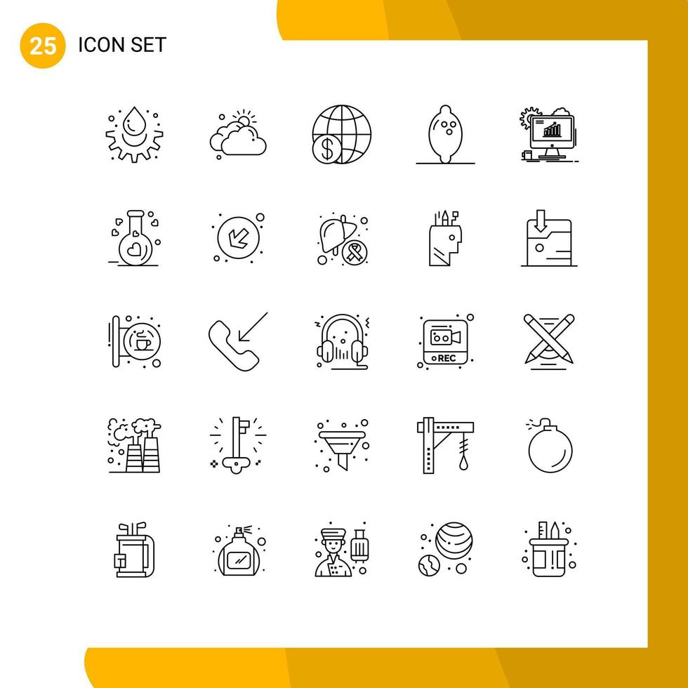 Packung mit 25 modernen Linien Zeichen und Symbolen für Web-Printmedien wie Diagramm Zitrone Finanzen Obst weltweit editierbare Vektordesign-Elemente vektor