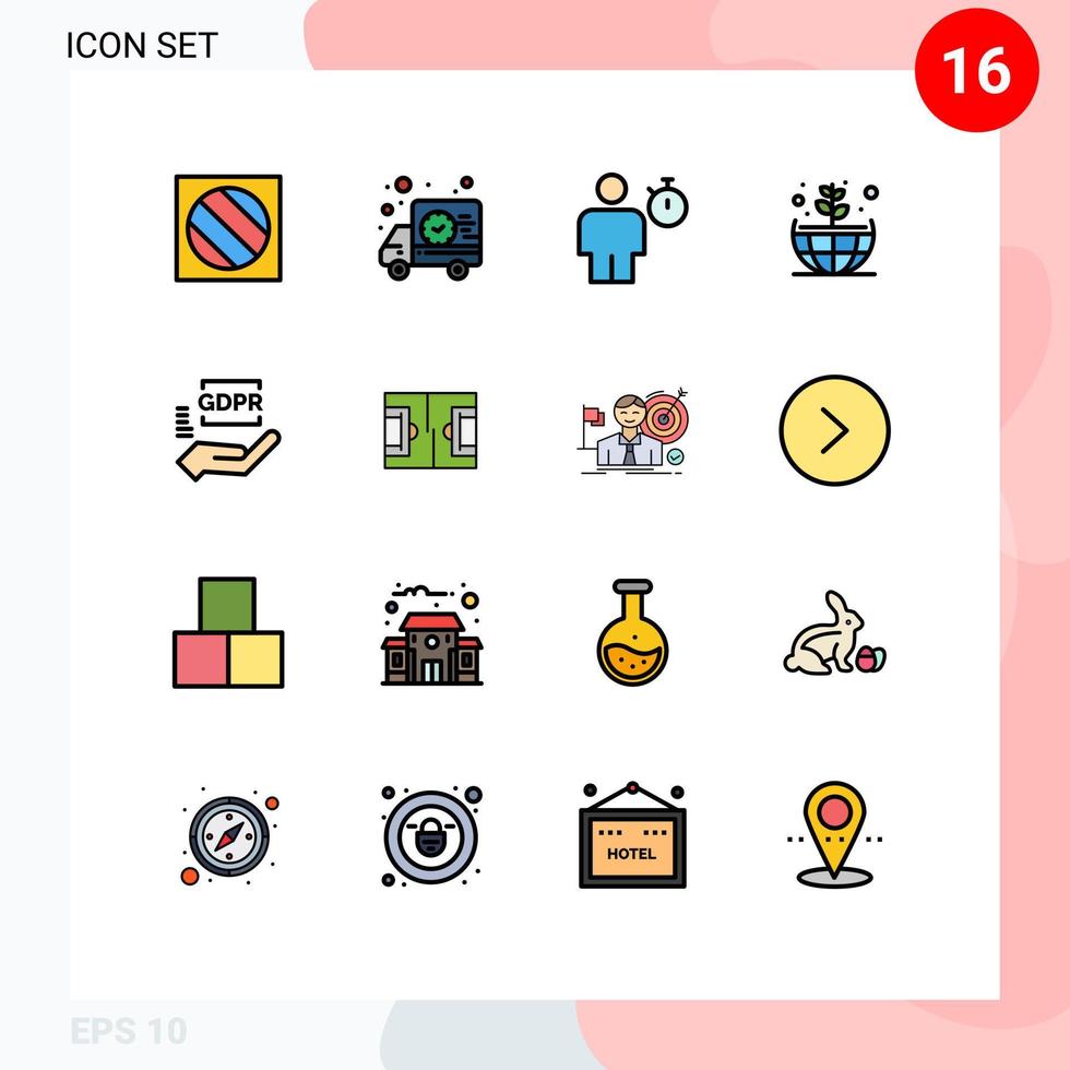 satz von 16 kommerziellen flachen farbgefüllten linienpaket für gdpr grüner avatar pflanzentimer editierbare kreative vektordesignelemente vektor
