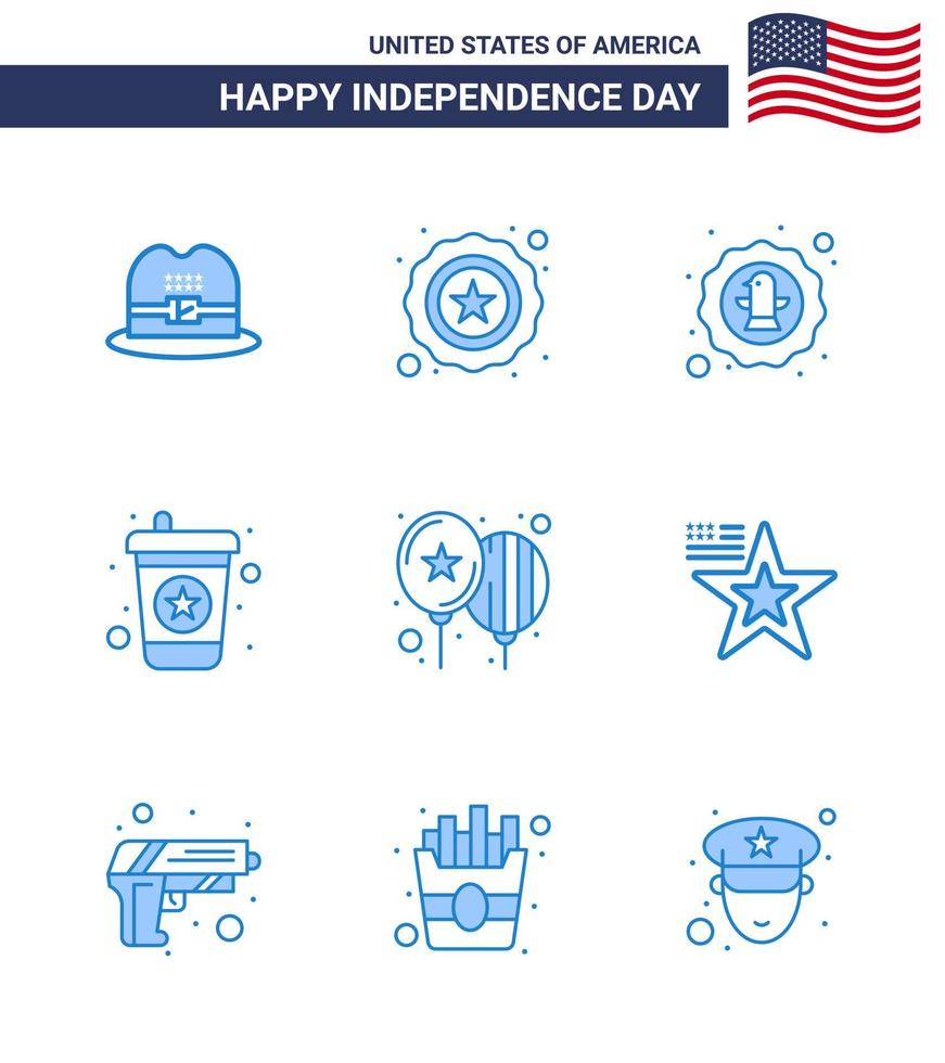 Stock Vektor Icon Pack von American Day 9 Zeilenzeichen und Symbolen für Party feiern Feier Ballons trinken editierbare usa Day Vektor Design Elemente