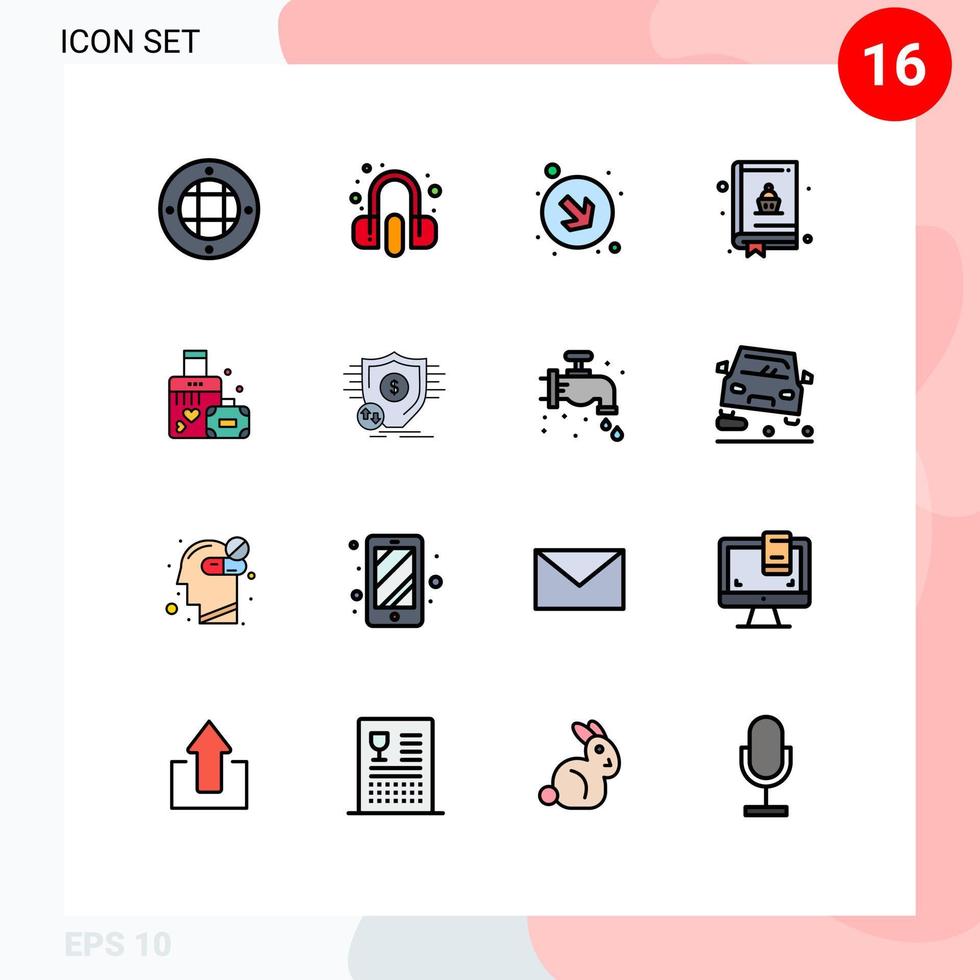 grupp av 16 platt Färg fylld rader tecken och symboler för bröllop kärlek pil portfölj mat redigerbar kreativ vektor design element