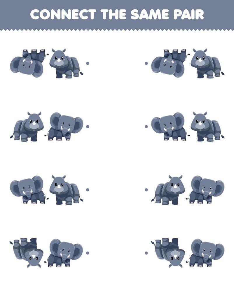 utbildning spel för barn ansluta de samma bild av söt tecknad serie elefant och noshörning par tryckbar djur- kalkylblad vektor