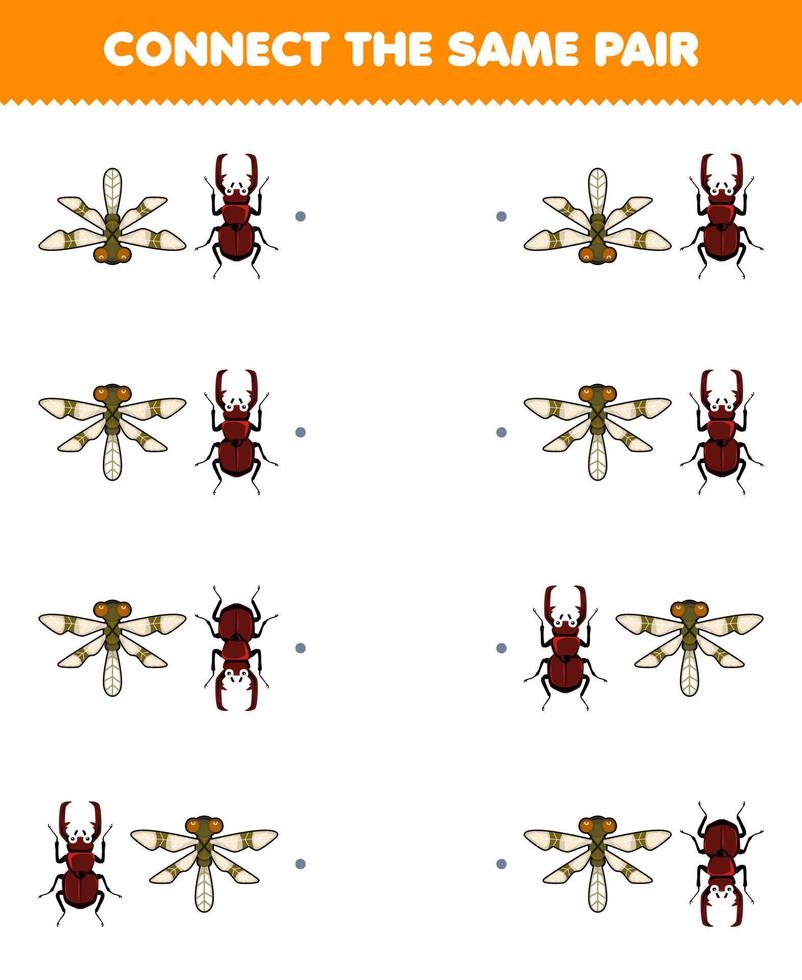 Lernspiel für Kinder Verbinden Sie das gleiche Bild des niedlichen Cartoon-Libellen- und Käferpaares zum Ausdrucken vektor