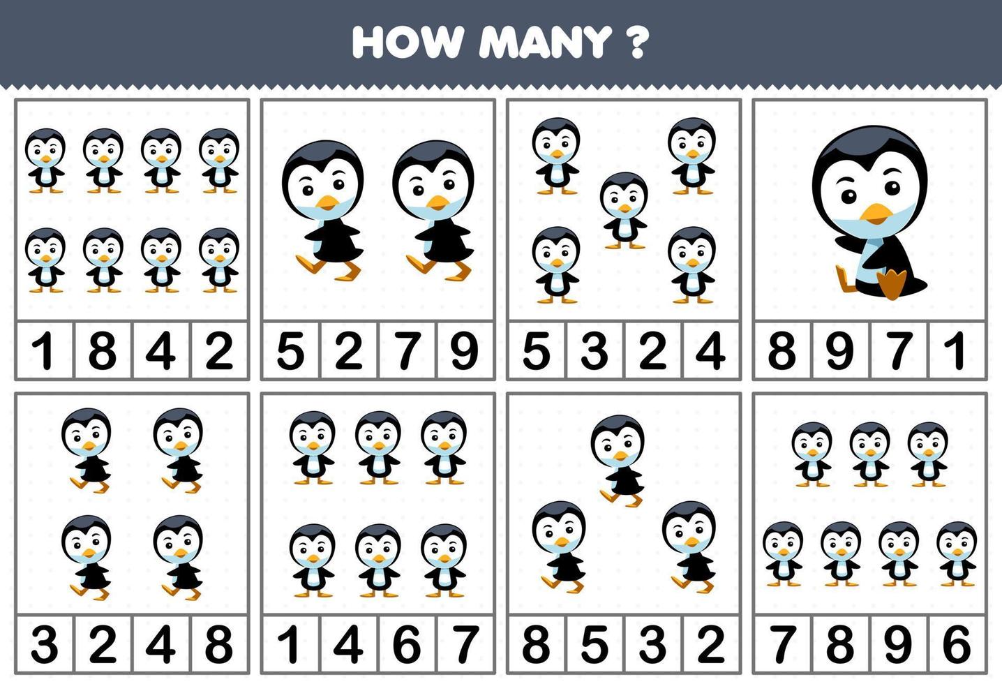 Lernspiel für Kinder, die zählen, wie viele Objekte in jeder Tabelle des niedlichen Cartoon-Pinguins zum Ausdrucken Winterarbeitsblatt sind vektor