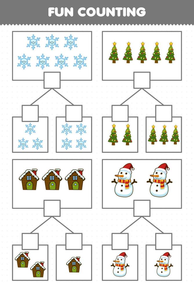 Lernspiel für Kinder Spaß beim Zählen von Bildern in jeder Schachtel mit niedlichem Cartoon-Schneeflocke-Weihnachtsbaumhaus-Schneemann-Winterarbeitsblatt zum Ausdrucken vektor