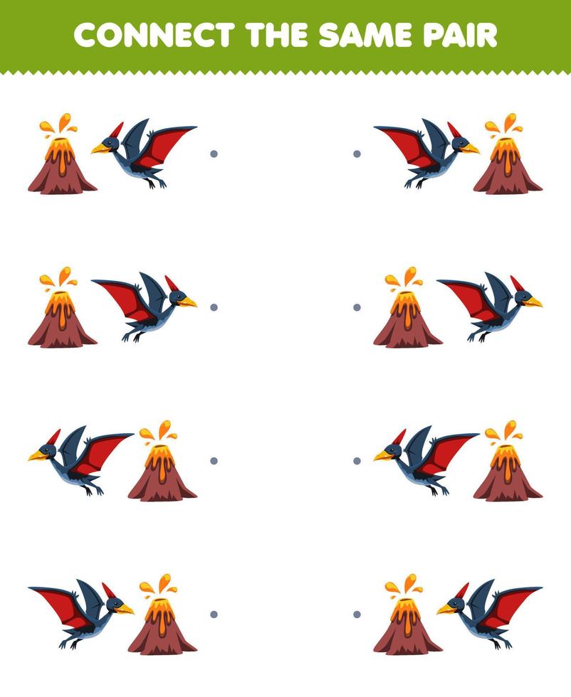 utbildning spel för barn ansluta de samma bild av söt tecknad serie vulkan och pteranodon par tryckbar förhistorisk dinosaurie kalkylblad vektor