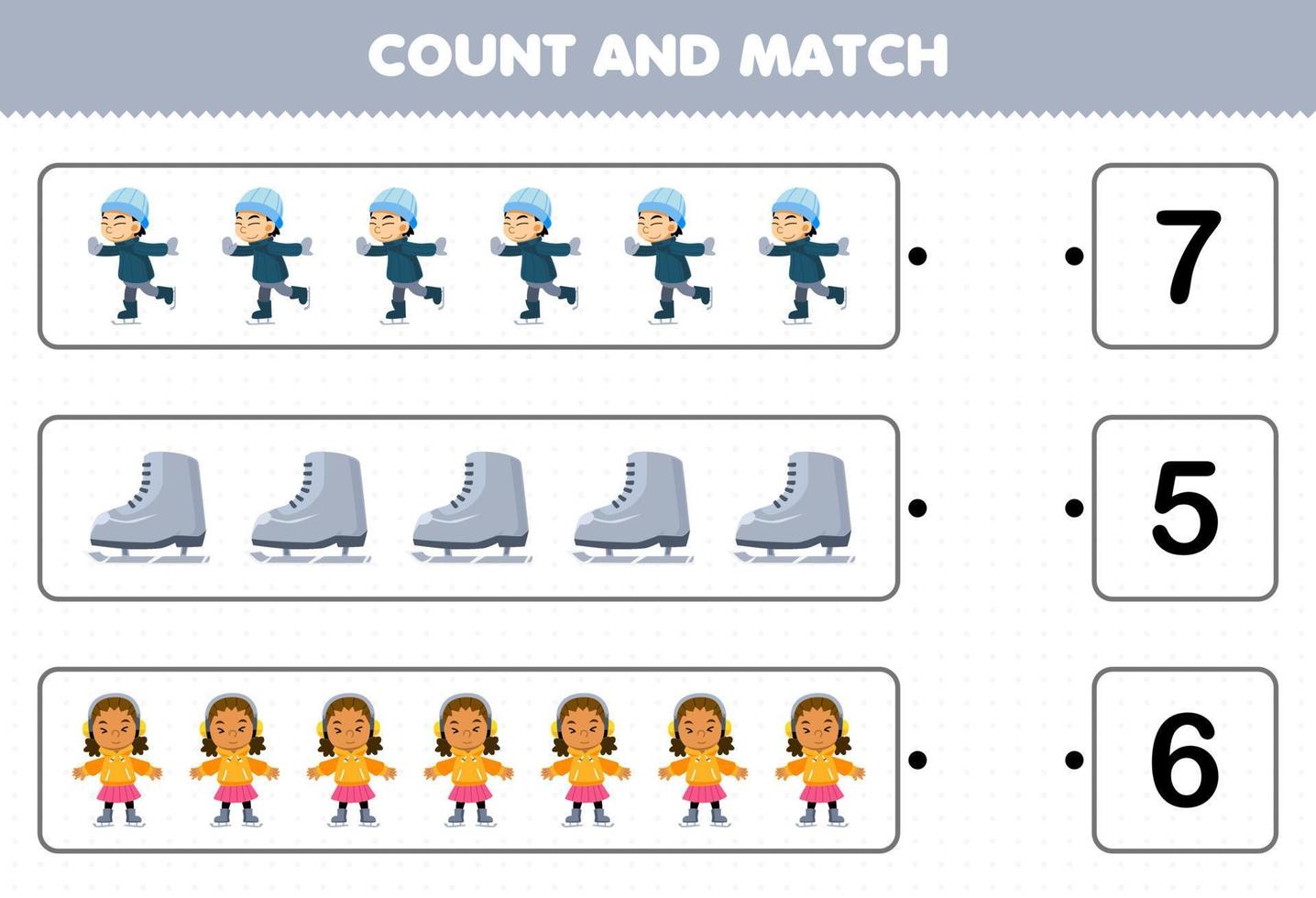 Bildungsspiel für Kinder Zählen Sie die Anzahl der niedlichen Cartoon-Kinder, die Eislaufen spielen, und passen Sie sie mit den richtigen Zahlen an. Druckbares Winterarbeitsblatt vektor