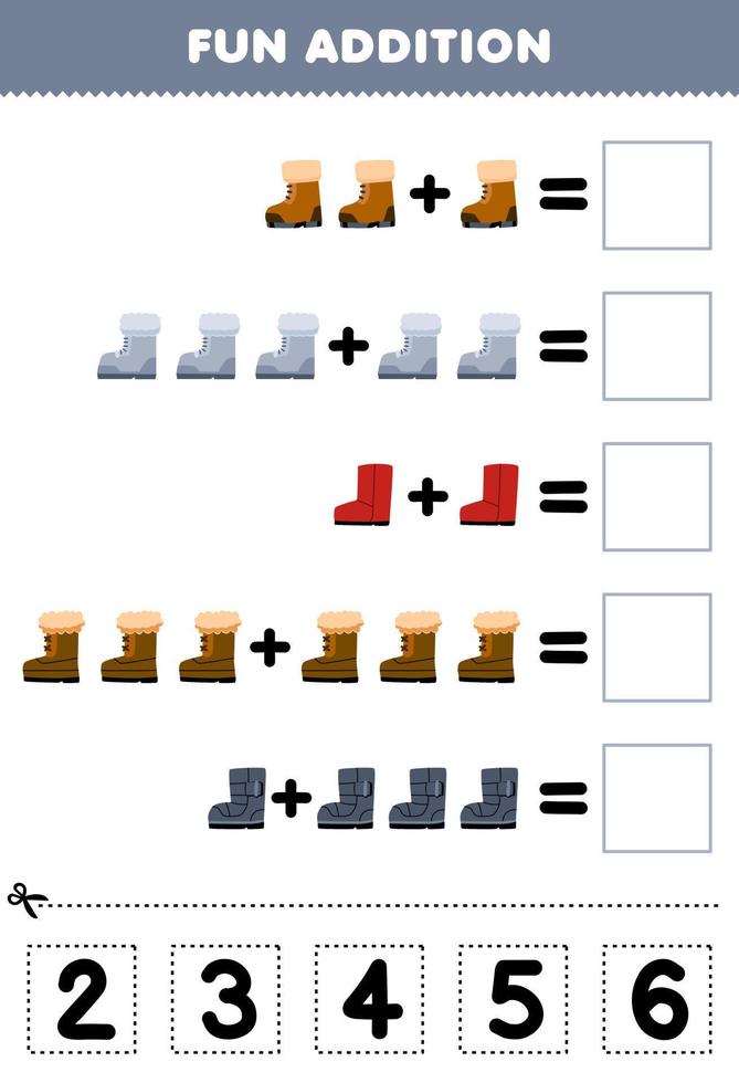 Lernspiel für Kinder, lustiges Hinzufügen durch Ausschneiden und Anpassen der richtigen Nummer für niedliches Cartoon-Stiefel, druckbares Winterarbeitsblatt vektor