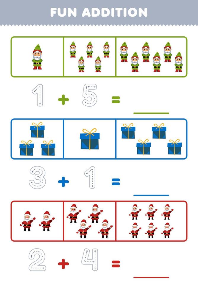 utbildning spel för barn roligt tillägg förbi räkning och spårande de siffra av söt tecknad serie gnome gåva låda santa tryckbar vinter- kalkylblad vektor
