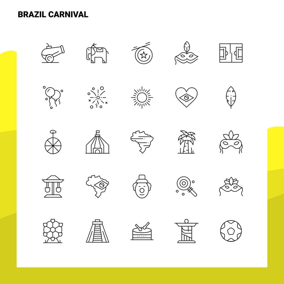 Satz von Brasilien Karneval Linie Symbolsatz 25 Symbole. Vektor-Minimalismus-Stil-Design schwarze Symbole gesetzt. lineares Piktogrammpaket. vektor