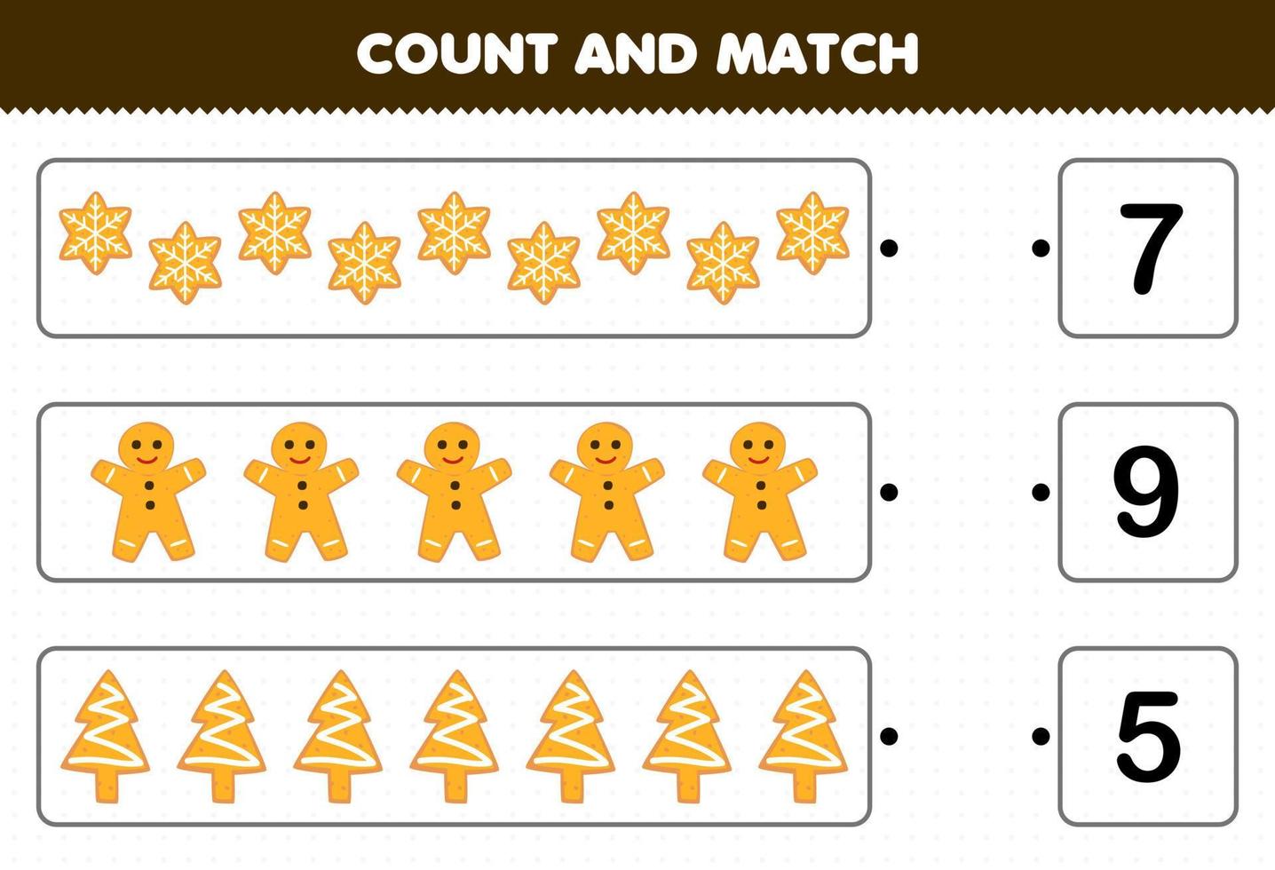 Bildungsspiel für Kinder Zählen Sie die Anzahl der niedlichen Cartoon-Lebkuchenplätzchen und passen Sie sie mit den richtigen Zahlen zum druckbaren Winterarbeitsblatt an vektor