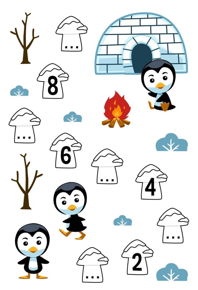 Lernspiel zum Vervollständigen der Zahlenfolge mit niedlichem Cartoon-Pinguin-Lagerfeuer und Iglu-Bild zum ausdrucken Winterarbeitsblatt vektor