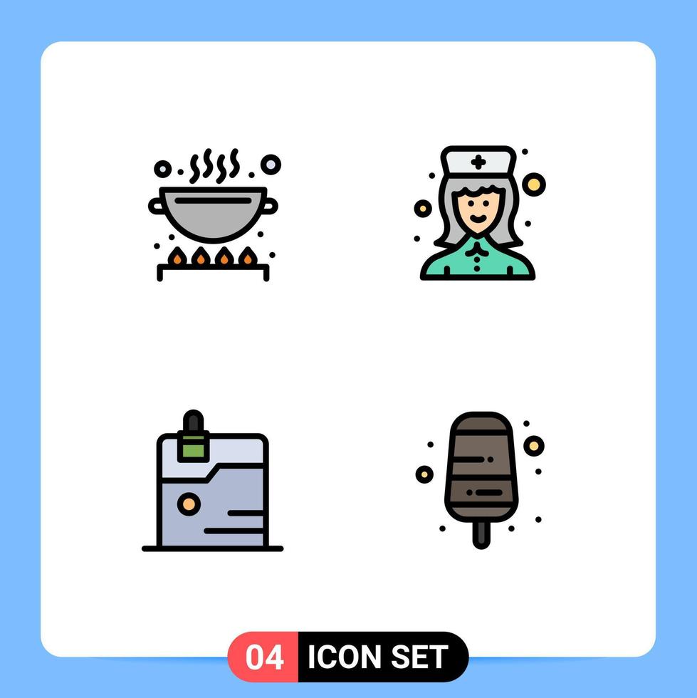4 gefülltes flaches Farbkonzept für mobile Websites und Apps kochen Datenpfanne Krankenhauskrankenschwester Technologie editierbare Vektordesign-Elemente vektor