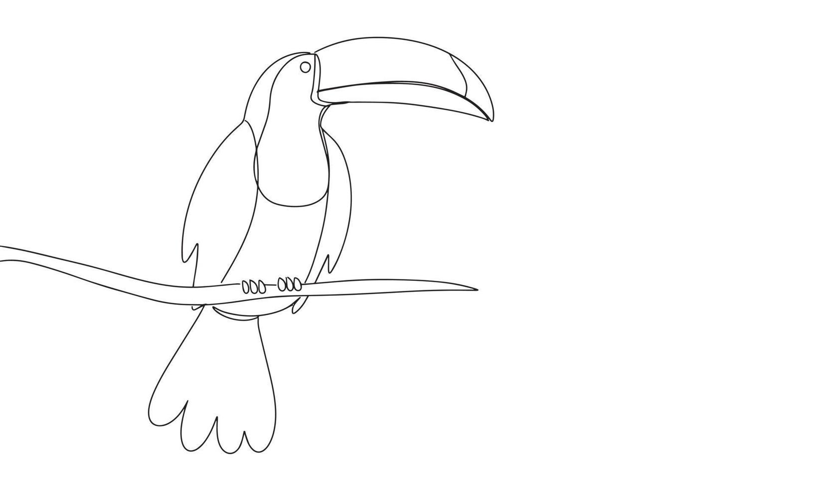 hand dra toucan sitter på en gren. linje konst ett fortsätter. vektor illustration.