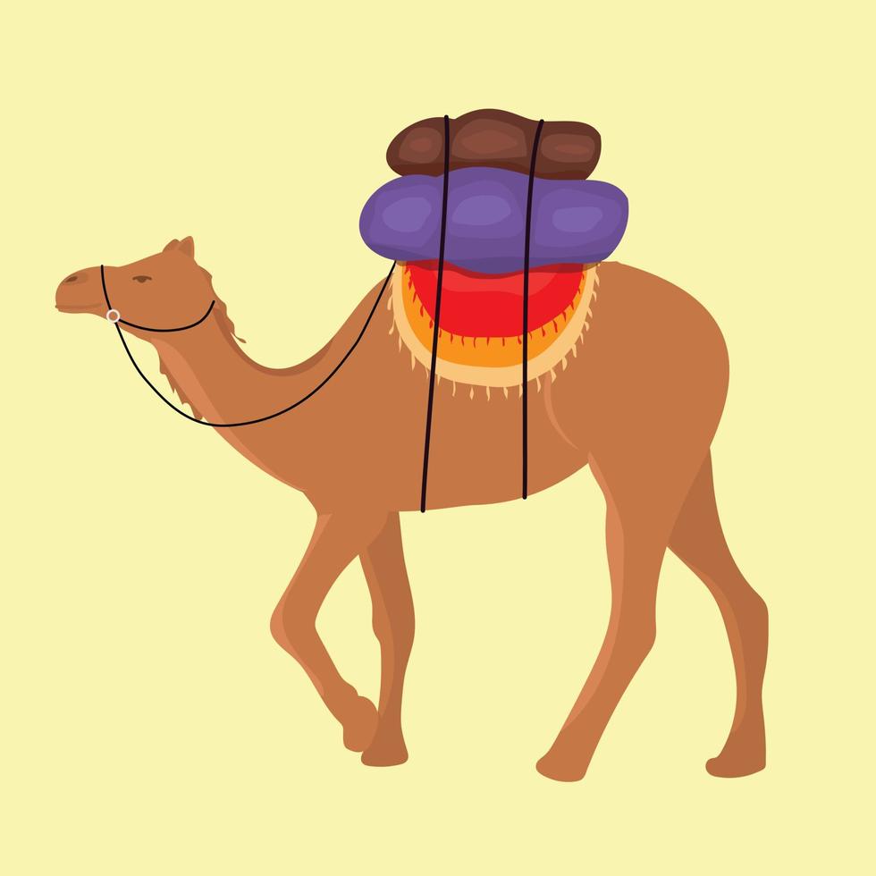 Das Kamel trägt eine Last, die auf gelbem Hintergrund isoliert ist. Vektor-Illustration. vektor