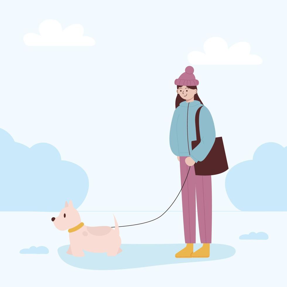 Monat Hundespaziergang. Frau, die im Winter mit einem Hund spazieren geht. Vektor