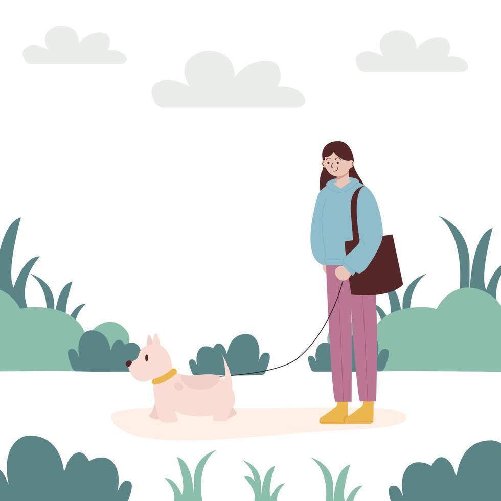 Monat Hundespaziergang. eine Frau, die mit einem Hund spazieren geht. Vektor