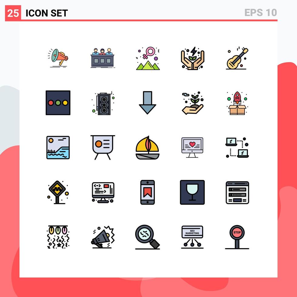 25 universell fylld linje platt färger uppsättning för webb och mobil tillämpningar gitarr kraft jury energi Framgång redigerbar vektor design element