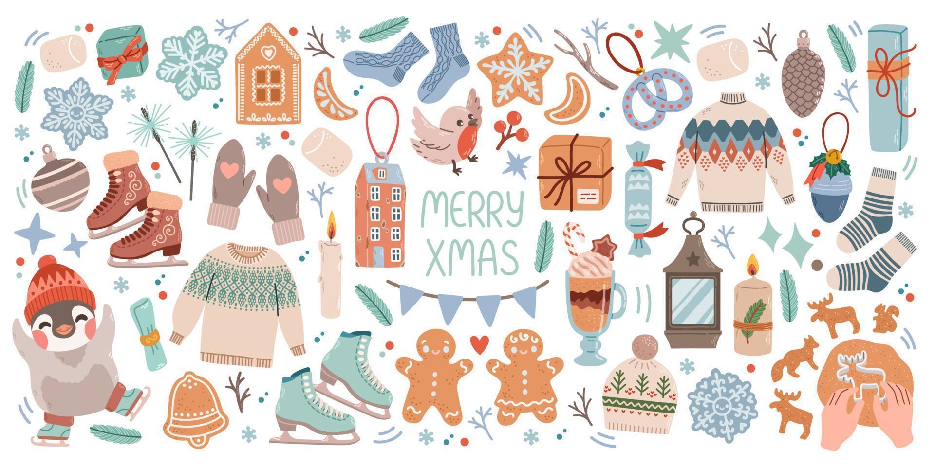 weihnachten große elemente mit keksen, häusern, geschenken, pullover, pelzbaum, kränzen. Aufkleber-Set. handgezeichneter Stil vektor