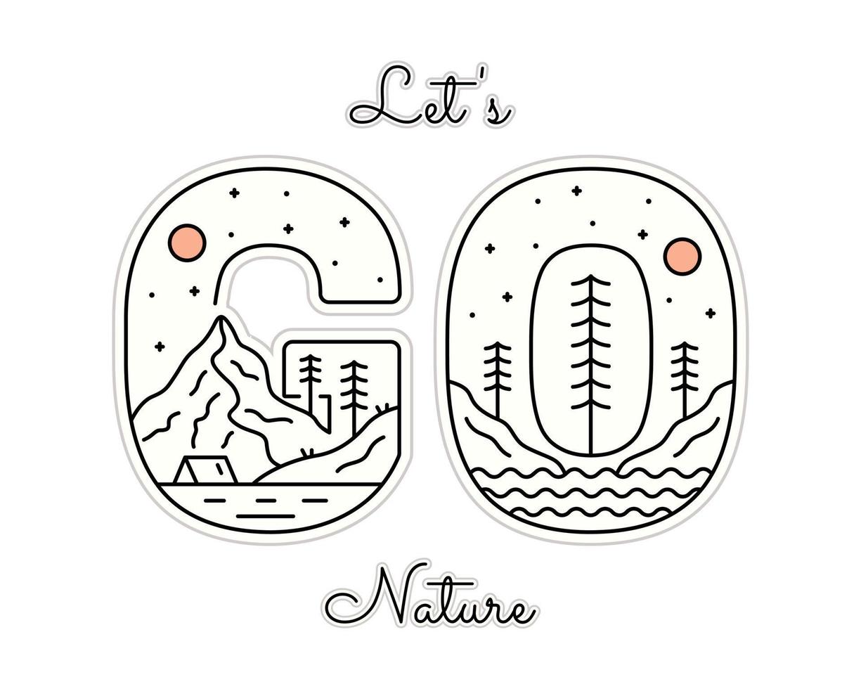 låta s gå natur brev med berg camping hav design. använda sig av för t-shirt, klistermärke, och Övrig använda sig av. vektor