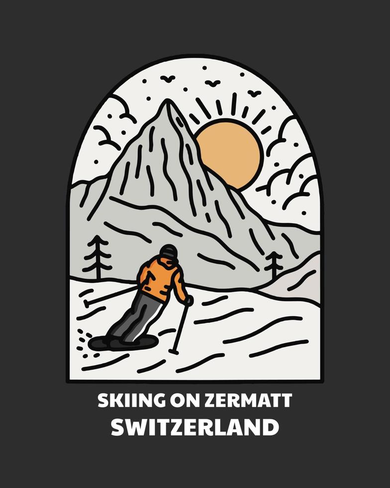 genießen sie ski in zermatt matterhorn schweiz in mono-line-vektor für abzeichen, t-shirt, emblemdesign vektor