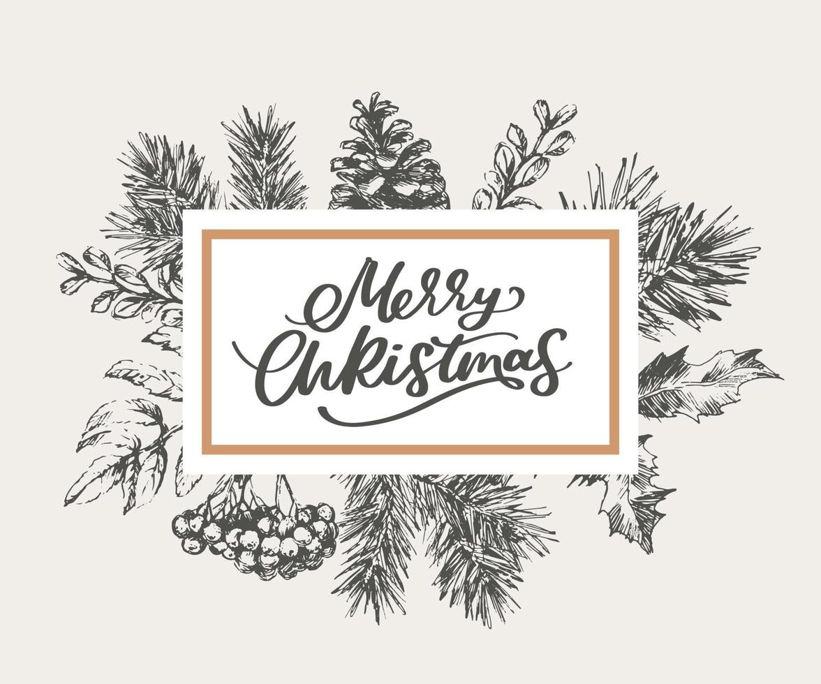 glad jul och Lycklig ny år abstrakt botanisk kort med fyrkant ram baner och modern typografi. grön och rosa pastell färger hälsning layout. isolerat. vektor