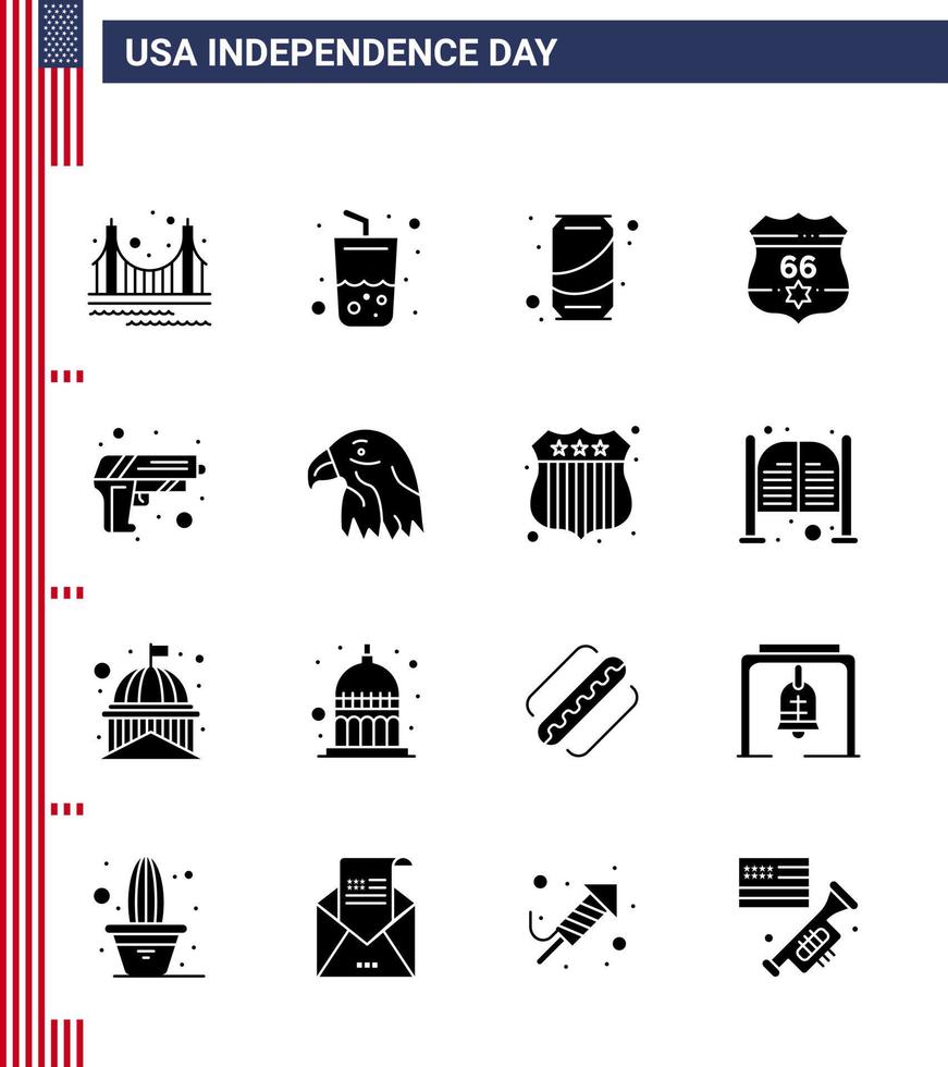 editierbarer Vektor solides Glyphenpaket des usa-tages 16 einfache solide glyphen der waffe usa cola schild cola editierbare usa-tag-vektordesignelemente