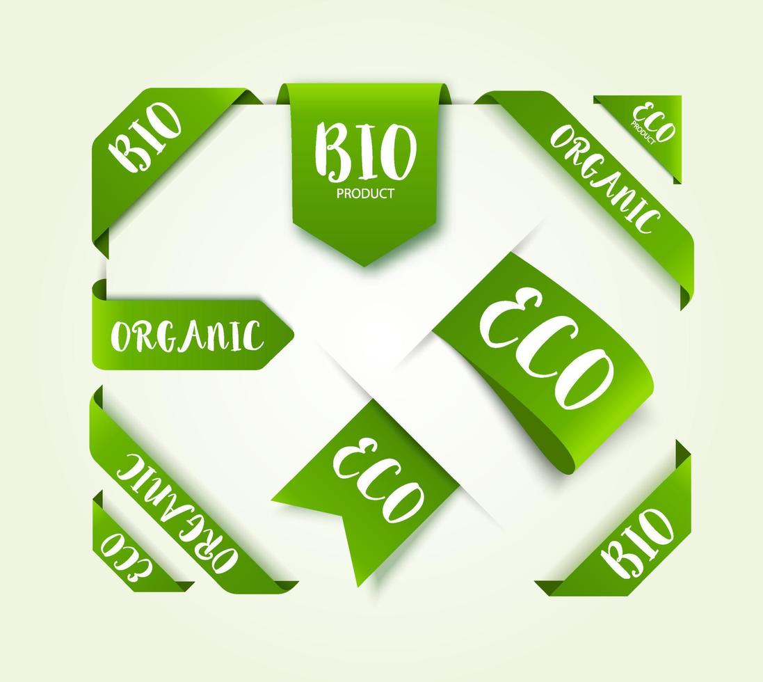 Etiketten für Öko-Bio-Vektoretiketten. Zeichen für vegane Lebensmittel sind auf weißem Hintergrund isoliert vektor